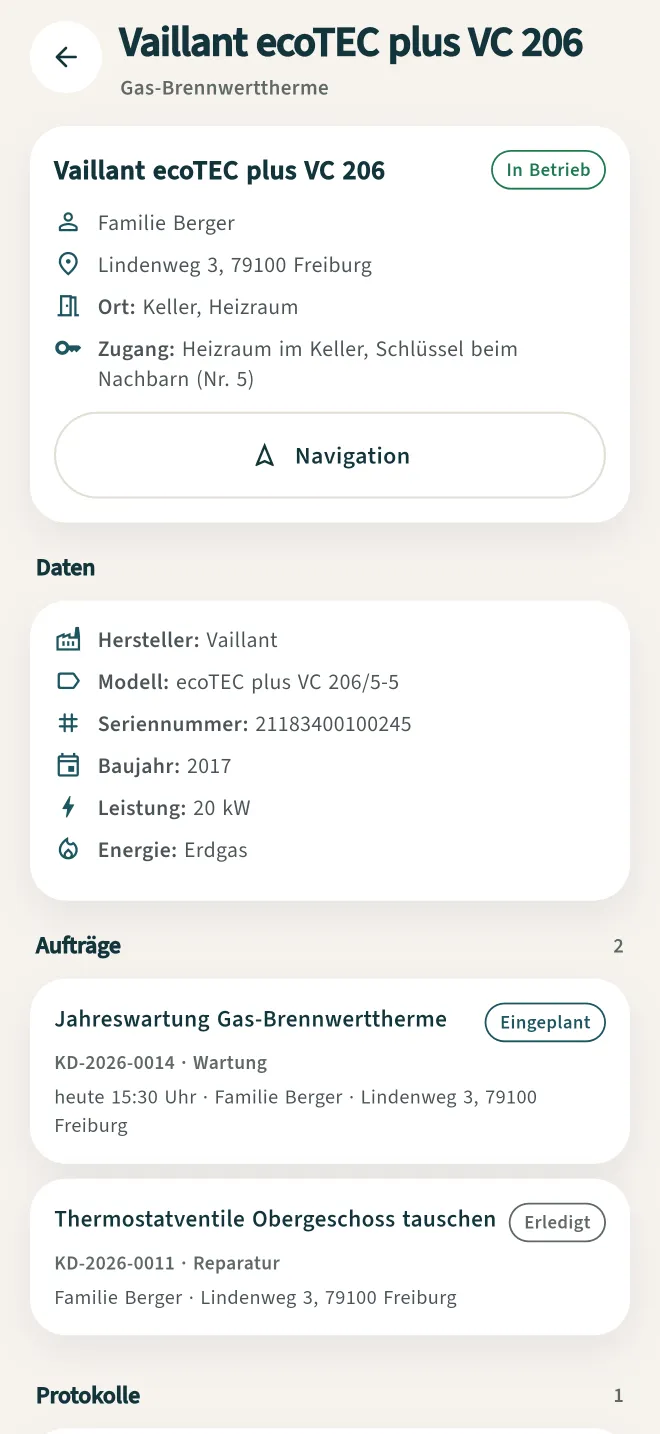Anlagenakte in der App mit Wartung und Prüfpflichten