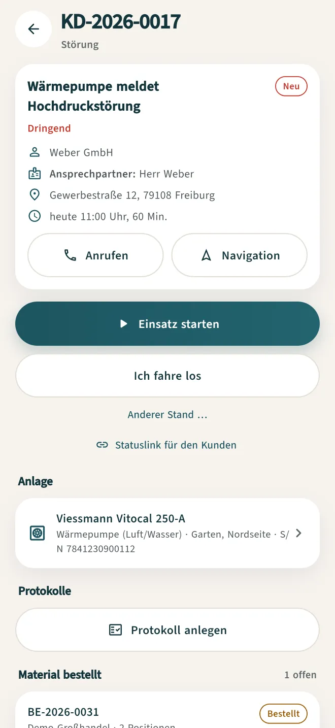 App: Kundendienst-Auftrag mit Anlage und Einsatz