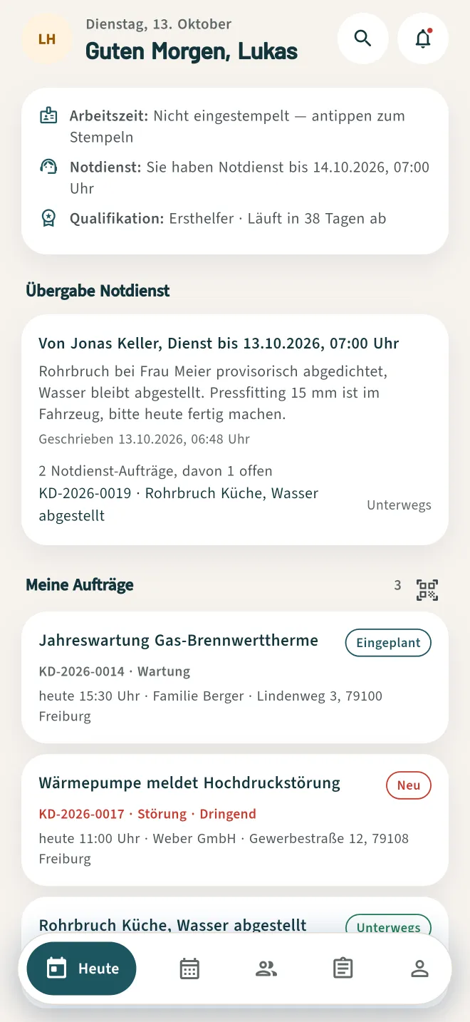 App: Übersicht „Heute“ mit Terminen und Arbeitszeit
